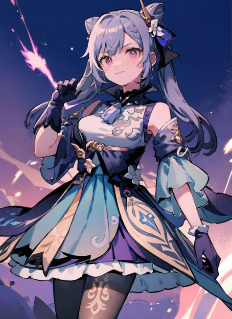 1girl, looking at viewer, smug pose
lightning, purple lightning bolt effect
<lora:keqingGenshinImpact3in1_v10:1>keqing (piercing thunderbolt) (genshin impact), keqing (genshin impact),
pantyhose, hair bun, purple hair, gloves, twintails, long hair, purple eyes, diamond-shaped pupils, bare shoulders, hair ornament, black pantyhose, cone hair bun,
detached sleeves,dress, jewelry, medium breasts, earrings, bangs, frills, purple dress, black gloves, braid, skirt,
 <lora:menma-10:1:OUT8>