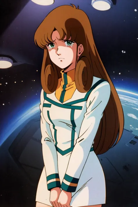 masterpiece,best quality,highres,Hayase Misa,brown long hair,green eyes,1girl,solo,1980s \(style\),retro artstyle,cowboy shot,uniform,military uniform,military,white skirt,futoshi slim,space,looking at viewer,crying,tears,