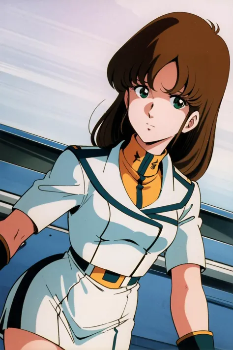 masterpiece,best quality,highres,Hayase Misa,brown hair,green eyes,1girl,solo,1980s \(style\),cowboy shot,looking at viewer,uniform,military uniform,military,white skirt,futoshi slim,fighter jet,