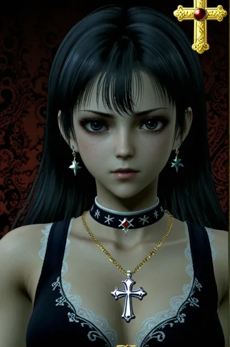 1girl,upper body,charming posing,close-up,cross necklace,female,PS2,PlayStation japan,low quality,rock and roll vibe,dark,mysterious,haunting,dramatic,ornate,PlayStation 2 graphics,PlayStation 1,ps1 style,Playation 1 Graphics,PS1 Game,<lora:PS1Redmond-PS1Game-Playstation1Graphics:1>,