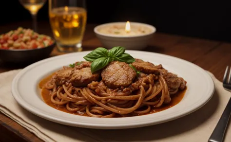 a close up of a plate of spaghetti with meat and sauce