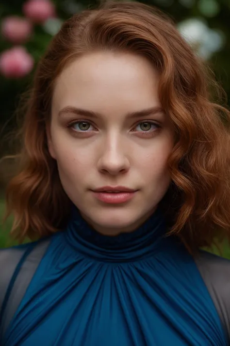 portrait of a serene woman with curly red hair, wearing a blue silk gown, and standing in front of a tranquil rose garden. break...