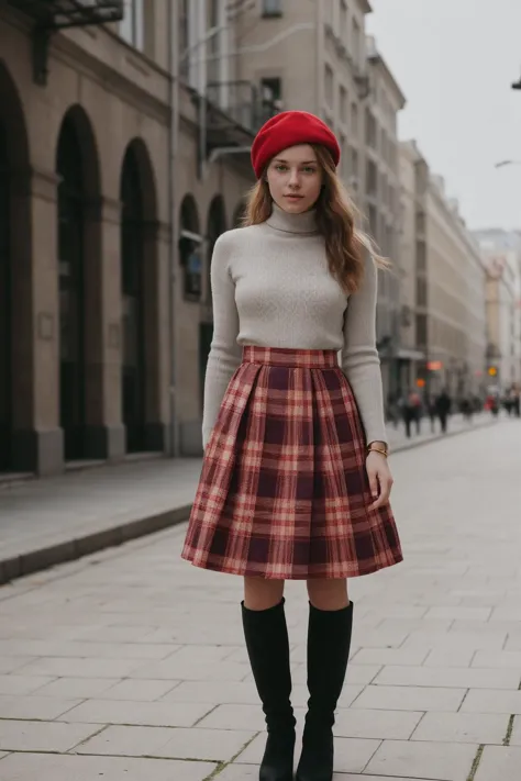 a woman wearing a red hat and plaid skirt standing on a sidewalk