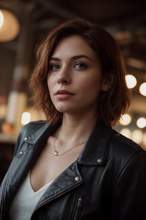 a close up of a woman in a leather jacket looking at the camera