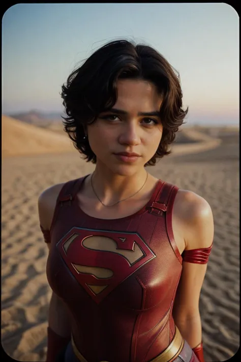 a woman in a red superman costume standing in the sand