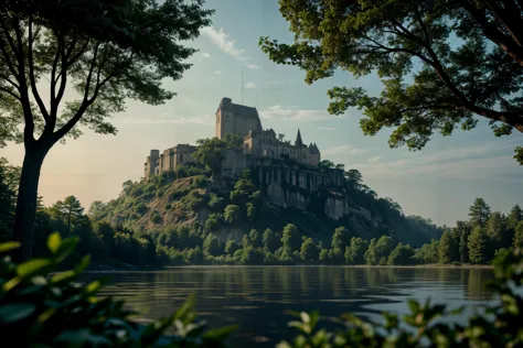 arafed castle on a hill overlooking a river and trees