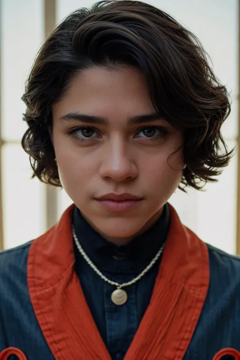 a close up of a person wearing a jacket and necklace