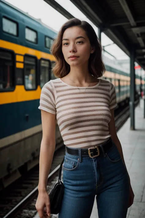 analog film photo beautiful girl, (Striped Breton top, High-waisted jeans, Ballet flats, Crossbody bag, Leather belt), (supermodel dynamic pose) BREAK BREAK (Photograph the architectural grandeur of Busan Station, with its historic facade, bustling train platforms, and the blending of old-world charm and modernity.), close up on face, shadow play, Point of View (POV) Shot, by Jeremy Mann and Richard Avedon, award winning photo, masterpiece, <lora:[ID]_-_IIG_Evelyn:1> mt-evelyn . faded film, desaturated, 35mm photo, grainy, vignette, vintage, Kodachrome, Lomography, stained, highly detailed, found footage