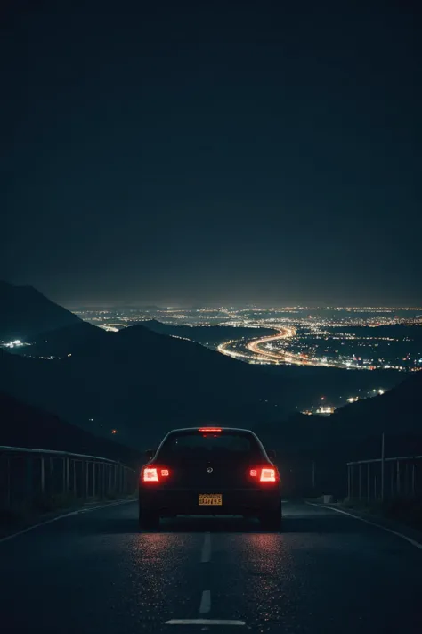 Ektachrome photography of a vista. A futuristic cyberpunk car, seen from behind, drives down a dark road at night towards a faraway casino megacity on the distant horizon. The photo is mostly black negative space. The glowing city can barely be seen. There are black mountains and hills partially blocking the view