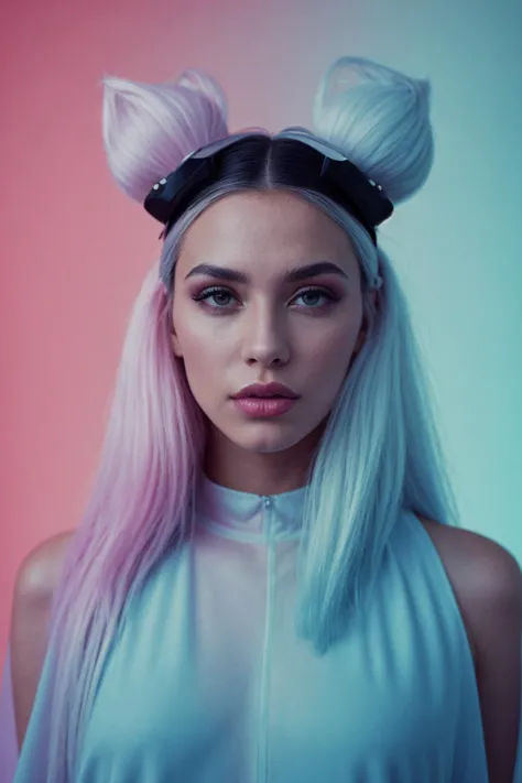 a beautiful female pop artist wearing a pastel sleek futuristic outfit with a huge headpiece center piece. she has clean makeup ...