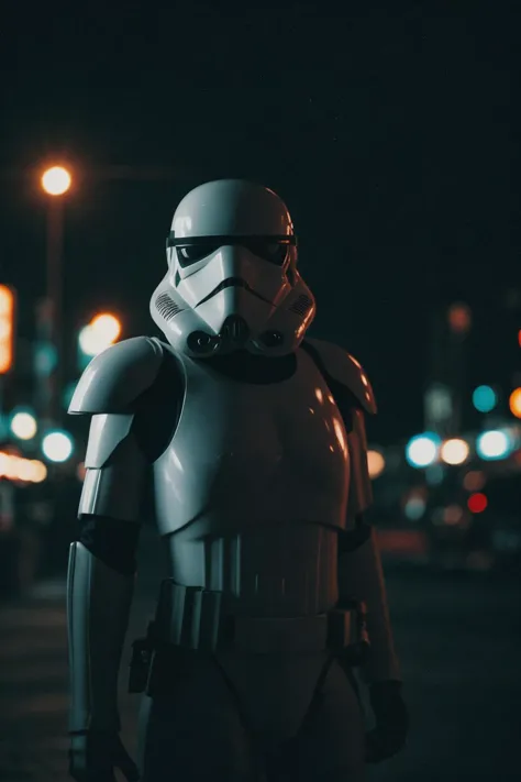 cinematic film still, Storm Trooper, colored lights, amazing quality, wallpaper, analog film grain