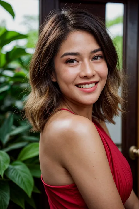 analog film photo of a beautiful smiling blonde woman posing for masterpiece photo in a red dress standing in front of a door wi...