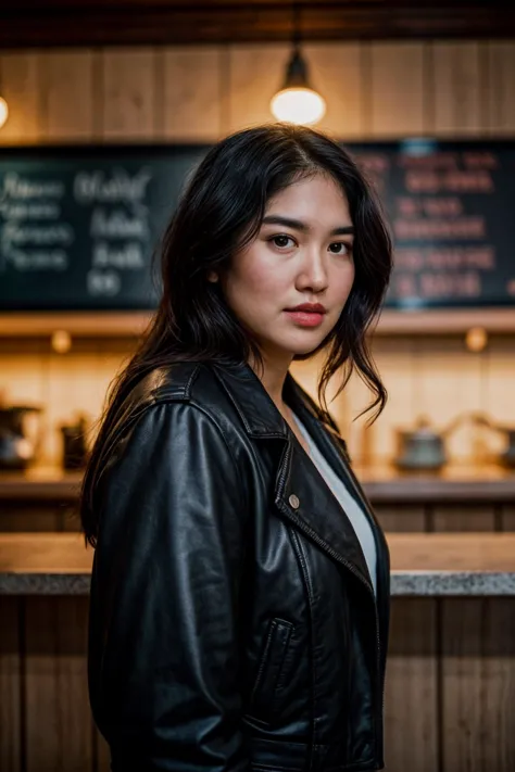 photograph of a woman looking at the camera, <lora:[id]_-_ochi_rosdiana:1> mt-ochirosdiana, leather jacket, in a dark rusty stea...