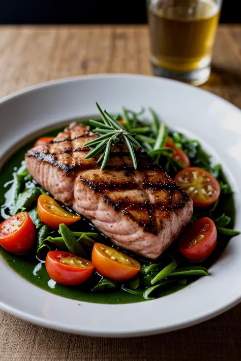 long shot scenic professional photograph of a magazine quality shot of a delicious salmon steak, with rosemary and tomatoes, and...