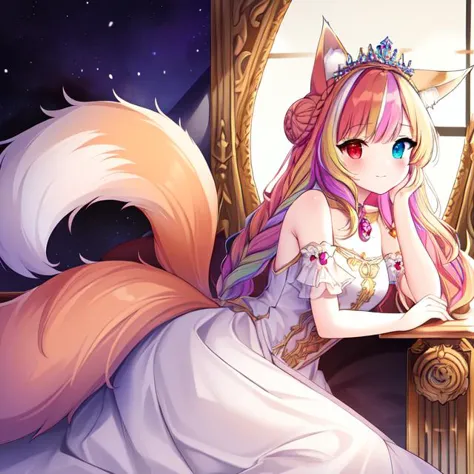 best quality, masterpiece, highres, detailed, perfect anatomy, <lyco:Change - PrincessCh:0.9>, PrincessCh, castle, throne, dress, heterochromia, multicolored hair, tiara, braid, braided bun, fox ears, fox tail, dog ears, dog tail, cat ears, cat tail,