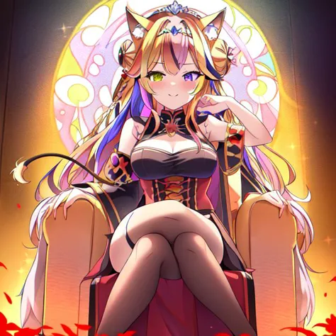 best quality, masterpiece, highres, detailed, perfect anatomy, <lyco:Change - PrincessCh:0.9>, PrincessCh, castle, throne, dress, heterochromia, multicolored hair, tiara, braid, braided bun, fox ears, fox tail, dog ears, dog tail, cat ears, cat tail,  <lora:EvilExec:1.0>, EvilExecCh