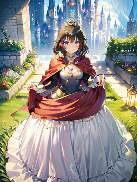 (((PrincessCh, dress, tiara, cape <lyco:PrincessCh oder PrincessChEro als trigger:1>))) (((dreamy beautiful eyes, flirty, teenager, romantic attitude, princess castle with garden)))