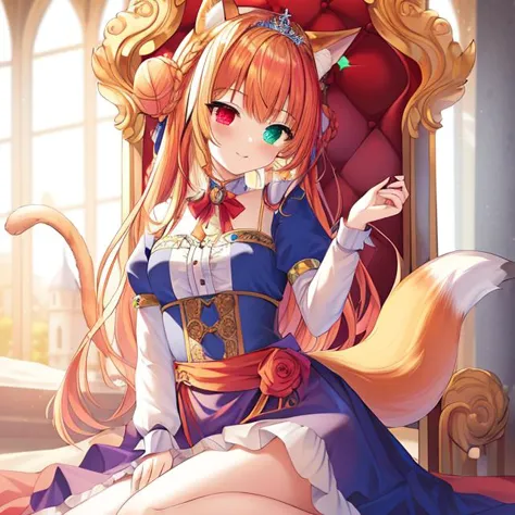 best quality, masterpiece, highres, detailed, perfect anatomy, <lyco:Change - PrincessCh:0.9>, PrincessCh, castle, throne, dress, heterochromia, multicolored hair, tiara, braid, braided bun, fox ears, fox tail, dog ears, dog tail, cat ears, cat tail,