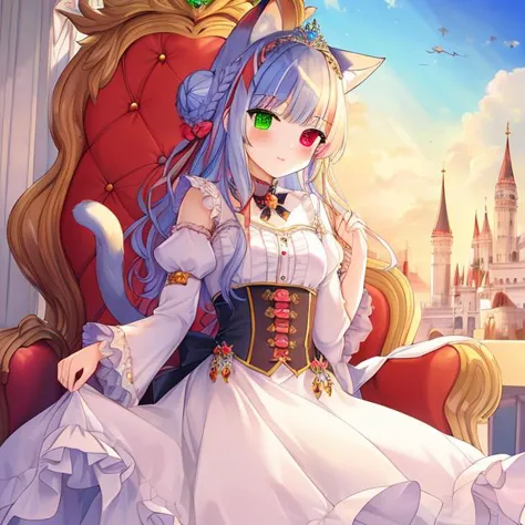 anime girl in a white dress sitting on a red chair