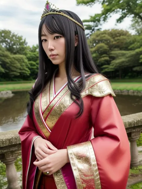 a woman in a red and gold dress standing next to a pond