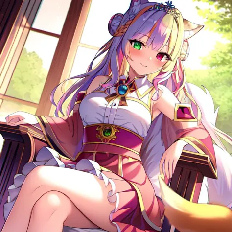 best quality, masterpiece, highres, detailed, perfect anatomy, <lyco:Change - PrincessCh:0.9>, PrincessCh, castle, throne, dress, heterochromia, multicolored hair, tiara, braid, braided bun, fox ears, fox tail, dog ears, dog tail, cat ears, cat tail,  <lora:EvilExec:0.8> EvilExecCh