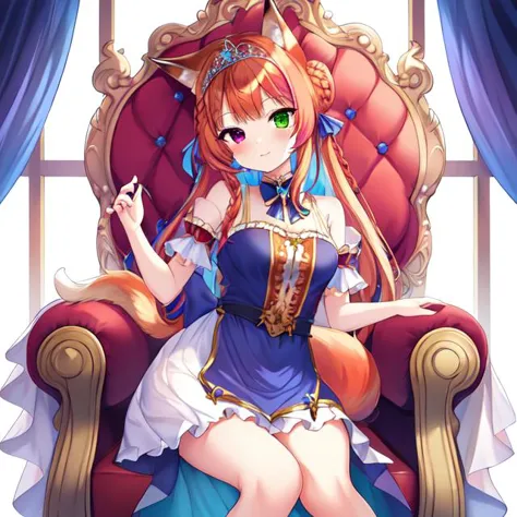 anime girl sitting on a red chair with a blue dress