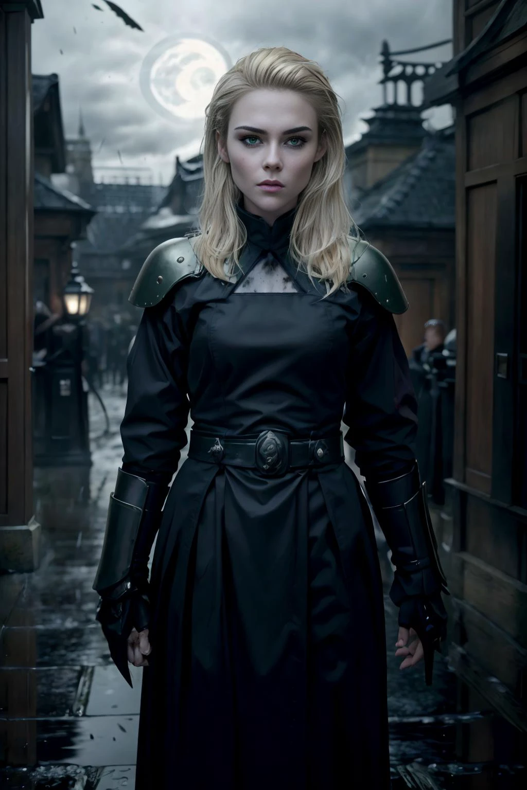 Horror-themed, wide angle, an epic cinematic photo of (opt-rachaeltaylor blonde hair, green eyes) in a legendary armor with perfect hands female samurai style, Eerie, unsettling, dark, spooky, suspenseful, grim, highly detailed, crowded victorian london street, (night, moonlight), wet cobblestones, fog, dramatic lighting