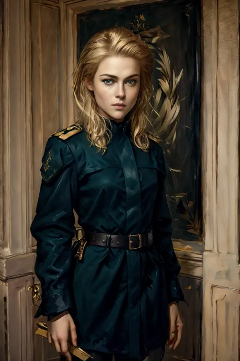 best quality, masterpiece, oil painting on canvas, (a painting of opt-rachaeltaylor by Crvgg, <lora:opt-rachaeltaylor:1>blonde hair, green eyes), wearing a black military uniform, <lora:caravaggio_resize:1> Crvgg