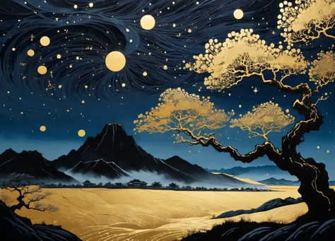 a painting of a tree with a sky background and a mountain in the background