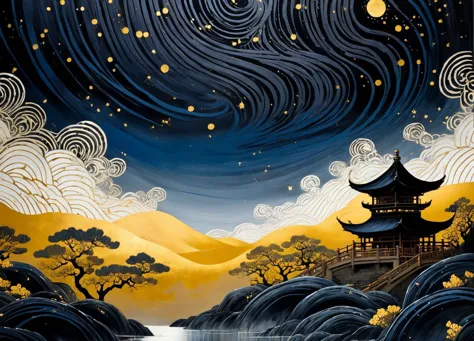 abstract art,(style of Yuko Shimizu:1.3),gold theme,dark sky,dark stars,chinese traditional scenery,<lora:linquivera:0.8>,linquivera,liiv1,<lora:g0ya_By_DevDope:0.8>, Old Oil Painting of by g0ya,, (masterpiece, best quality, high quality, highres, ultra-detailed),