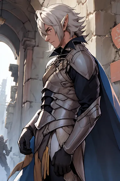 a close up of a person in armor standing in a building