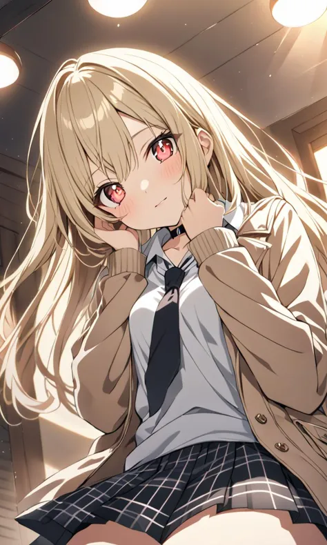 anime girl with long blonde hair and a tie posing for a picture