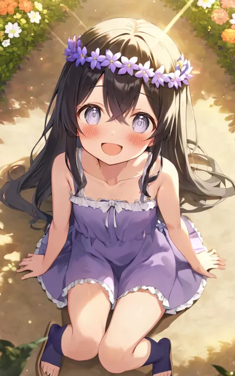 flower crown, flower garden, 1girl, childish . flat chest , skindentation, +++ 
silver eyes odd eyes , 
pale black hair, 
lon...