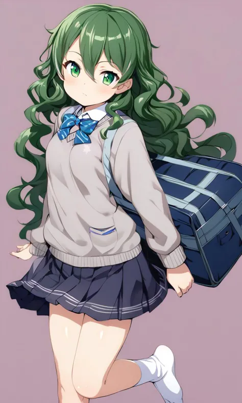 1girl, young , medium breast , green eyes, dark starry print hair, very long hair , hair spread out, wavy hair , hair between eyes, sideburns , gasping, , head_tilt standing , bare legs soles focus,  , white  long sleeve, sweater , high socks, school bag, extremely quality extremely detailed, illustration, contrapposto, cute anime face cinematic lighting cinematic angle