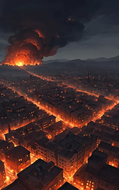 a view of a city at night with a fire in the sky