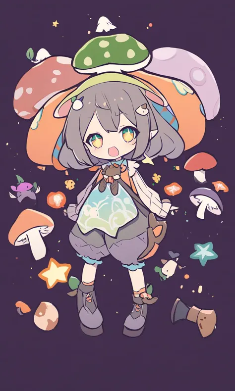 a cartoon girl with a hat and a backpack standing in front of mushrooms