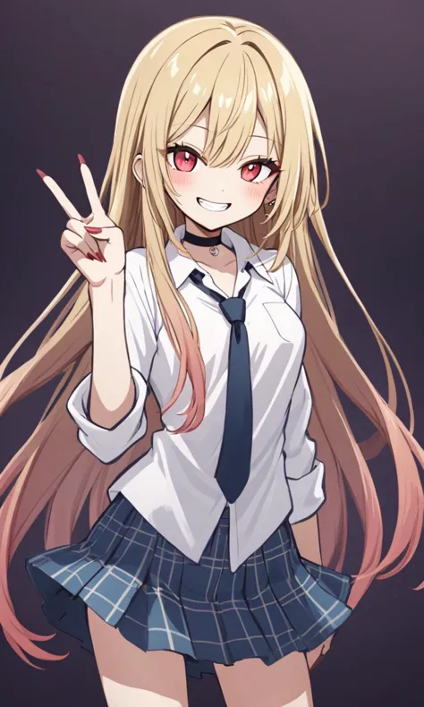 anime girl with long hair and a tie holding a peace sign