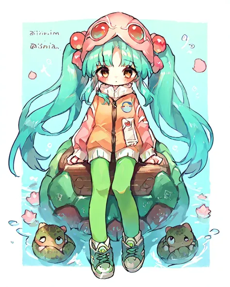 anime girl with long blue hair sitting on a log with two frogs