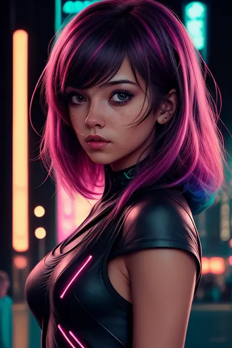 uma linda garota,noite,  épico realista, plano de fundo cidade cyberpunk, cabelo,   (médio_tomada:1.3)