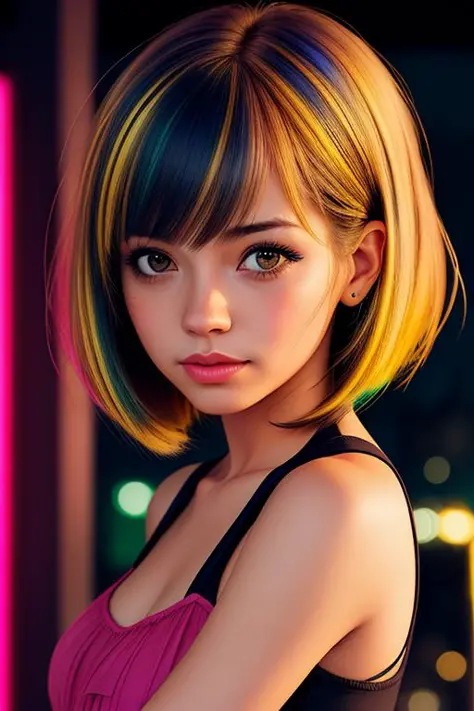 a cute girl,night,  epic realistic, background city, color hair , bob cut,  (medium_shot:1.3), yellow hair