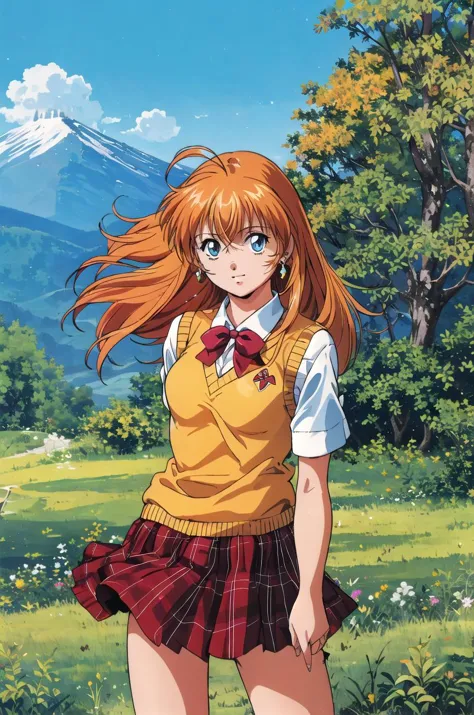 a woman in a school uniform standing in a field with a mountain in the background