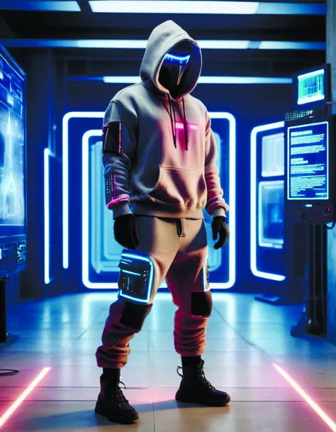 un mannequin vêtu d&#39;une tenue cyberpunk futuriste,sweatshirt à capuche,pantalon baggy,Photographie de mode,éclairage de studio,Ash Thorp Ilya,jeu d&#39;émeute,angle de la caméra de rue,problème,pixels,ranger perdu,pirate,Photoshop 3D,ville du futur cyberpukai poilu,par diegocr,science-fiction teslapunkai 