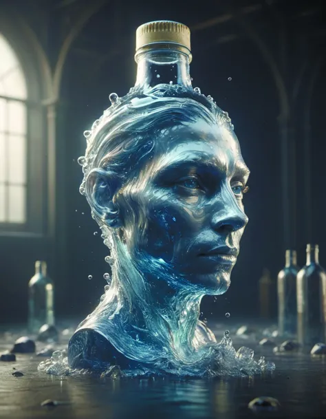water in the shape of a human head stuffed in a bottle ocean water,futuristic,glowing,gradient,hyper realistic,ray tracing,reali...