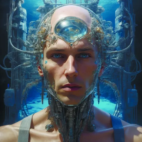 realistic extremely detailed portrait painting of an average man with exposed clear brain,retro futuristic,water,style hybrid mix of beeple,Jean Delville,Amano,Yves Tanguy,Alphonse Mucha,Ernst Haeckel,Edward Robert Hughes,Stanis aw Szukalski and Roger Dean,rich moody colors,blue eyes,octane render,4k,f32 Gest future city,science fiction 