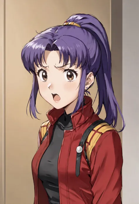 (misato:1.3), adult mature woman 1girl, (surprised expression:1.3) (cartoon:1.2) open mouth, (tiny small beady eyes:1.5), looking straight forward, (purple hair:1.1) center parted, sidelocks, medium hair, ponytail, brown eyes, black shirt, red jacket