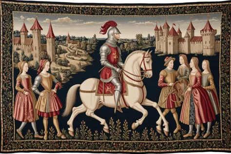 a knight on horseback, dark red, a little bit of magic, medieval tapestry style, hyper realism, 1600s, ultra detailed, intricate detail, silk thread, wool thread, metal thread, visible stitching, complex background, 