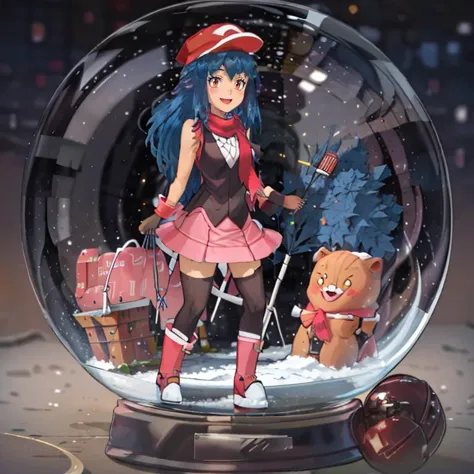 anime girl in a snow globe with a teddy bear and a christmas tree