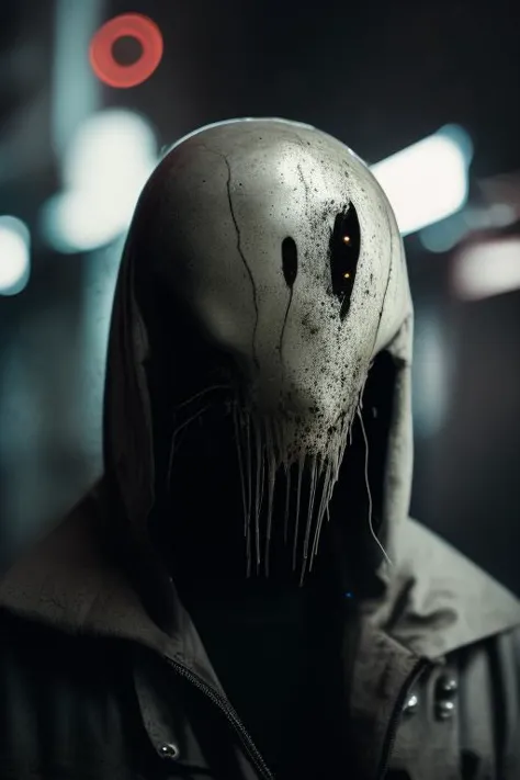 a person wearing a mask with a creepy face and a hood