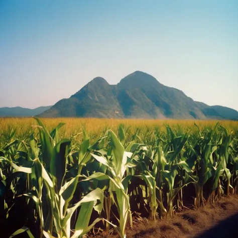 arafed corn field with mountains in the background