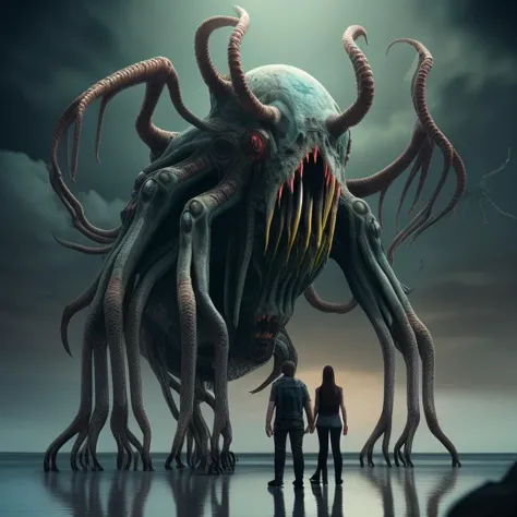 a couple of people standing in front of a giant monster, inspired by lovecraft, shutterstock, cinematic beeple, cthulu, still from a live action movie, heavy exaggerated proportions, ents, doc ock, cinematic wide shot, ridley scott universe, cinematic front shot, hastur, colossal scale, cinematic long shot, behemothvery well detailed image, poster illustration, rendered illustration